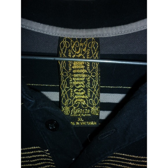 SouthPole Mens XL Black Gray Gold Striped Polo Shirt Streetwear Logo Y2K - Picture 3 of 5